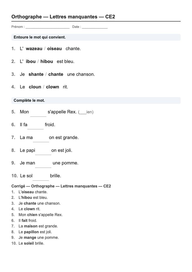 Orthographe — CE2 : les lettres manquantes, fiches d'exercices à imprimer (consignes en breton)