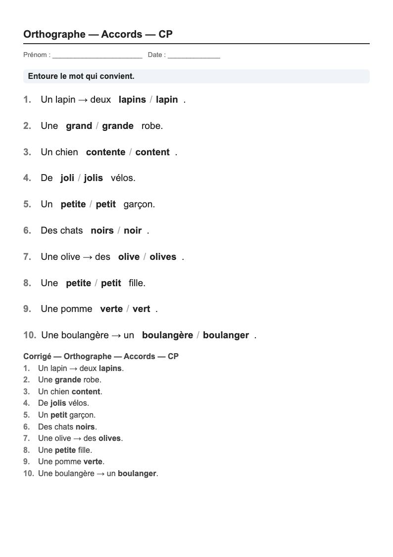 Orthographe — CP : fiches d'exercices à imprimer (consignes en breton)