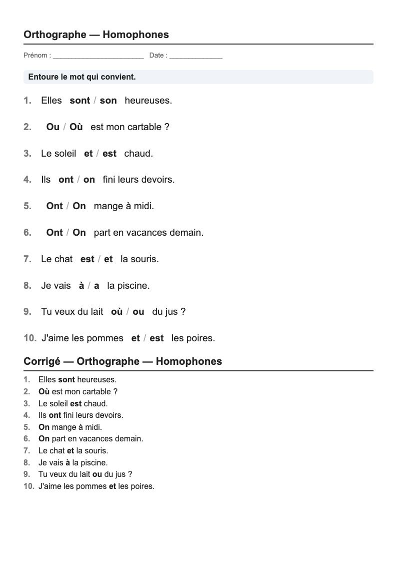 Orthographe — CP → CM2 : fiches d'exercices à imprimer