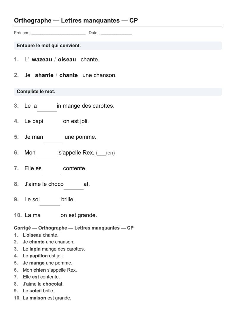 Orthographe — CP : les lettres manquantes, fiches d'exercices à imprimer (consignes en breton)