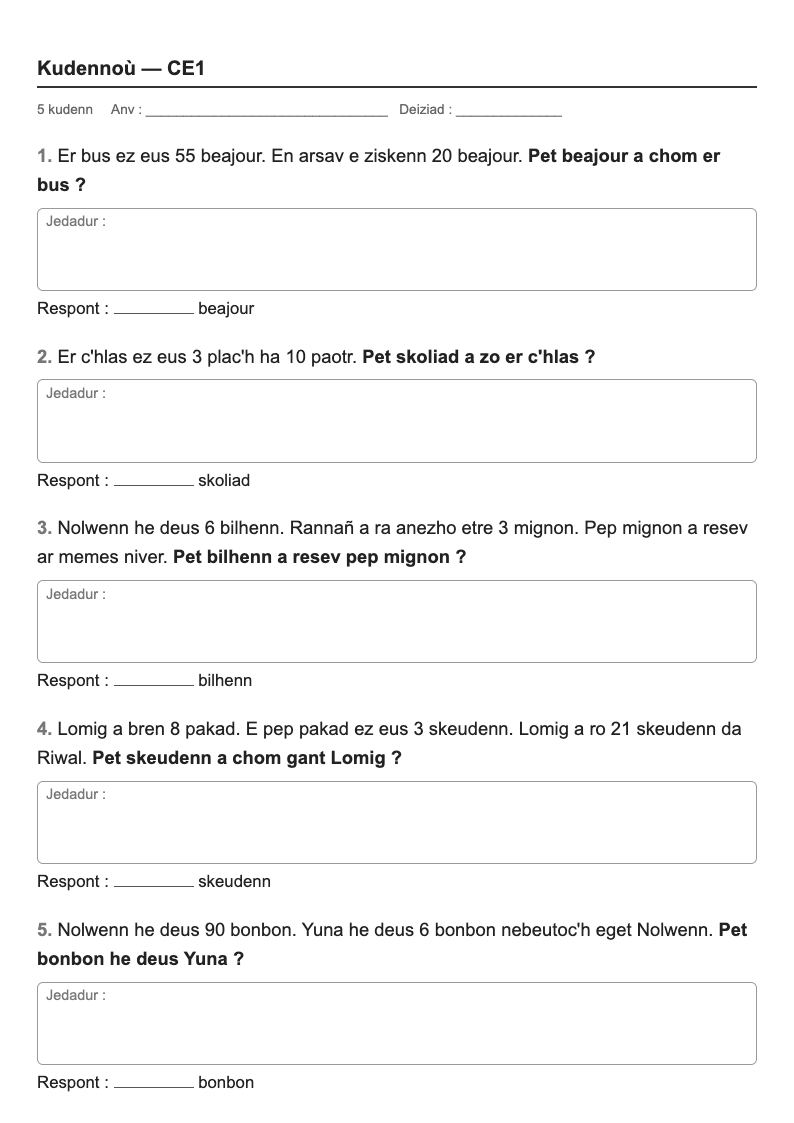 Problèmes — CE1 : fiches d'exercices à imprimer (consignes en breton)