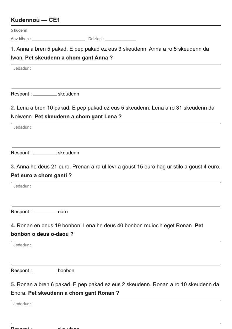 Problèmes — CE1 : problèmes en plusieurs étapes, fiches d'exercices à imprimer (consignes en breton)