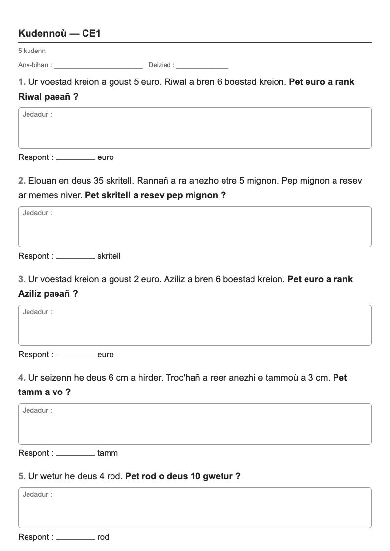 Problèmes — CE1 : problèmes de multiplication et de partage, fiches d'exercices à imprimer (consignes en breton)