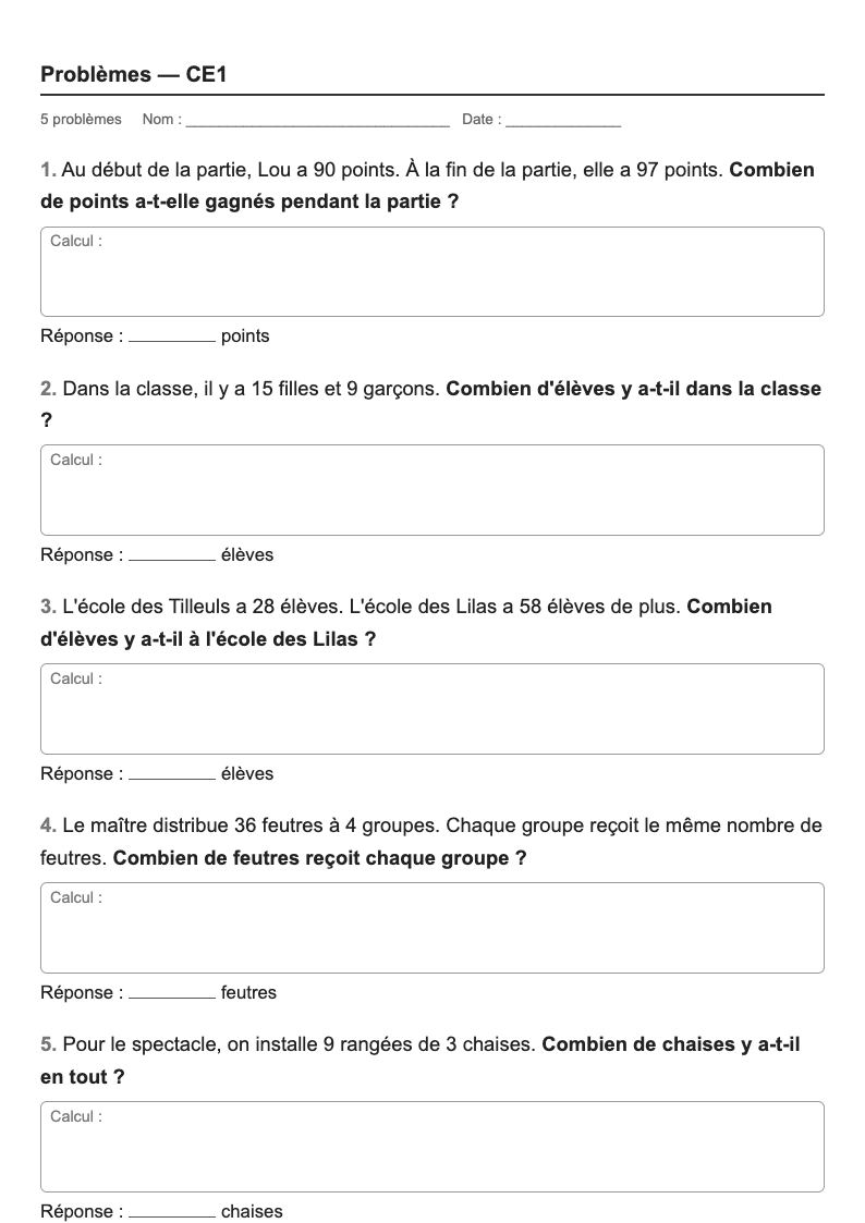 Problèmes — CE1 : fiches d'exercices à imprimer