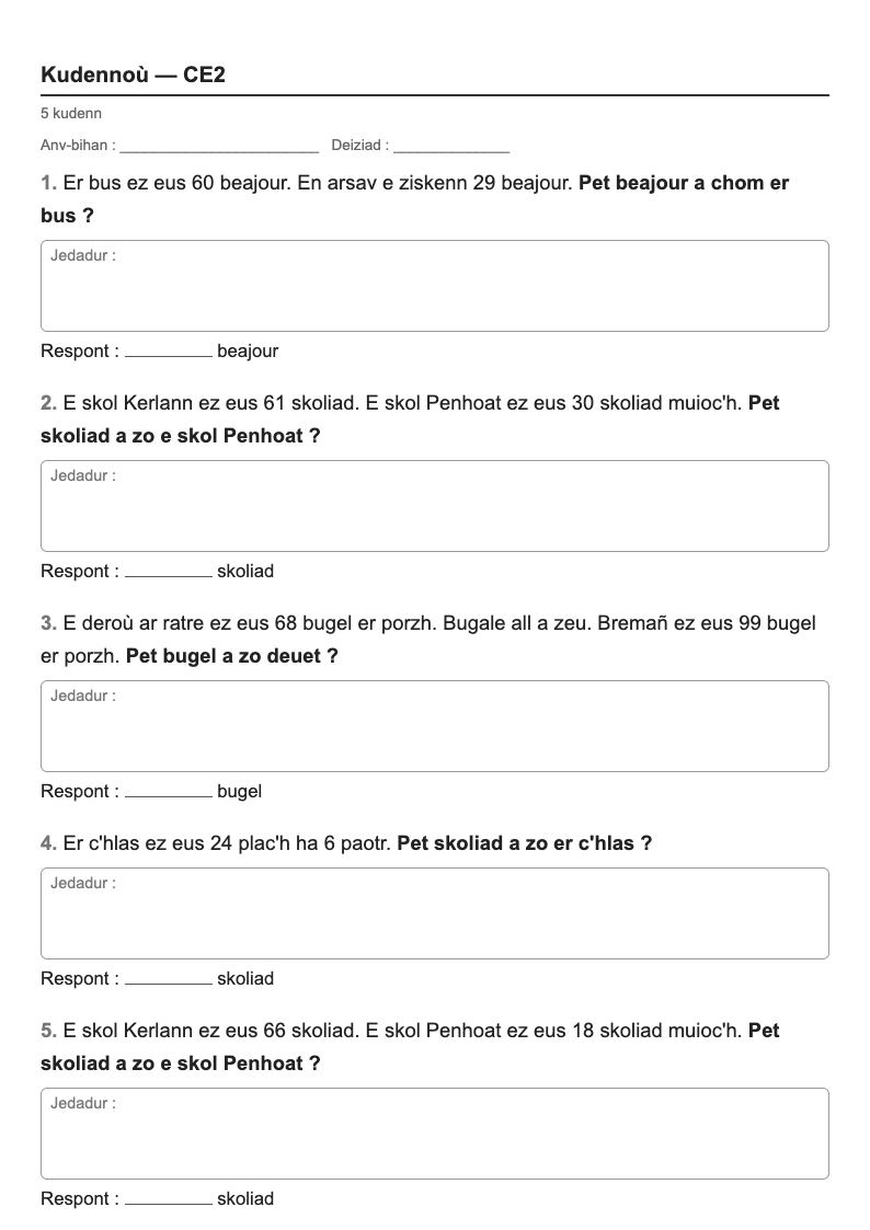 Problèmes — CE2 : problèmes d'addition et de soustraction, fiches d'exercices à imprimer (consignes en breton)