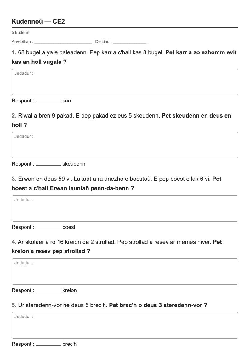 Problèmes — CE2 : problèmes de multiplication et de partage, fiches d'exercices à imprimer (consignes en breton)