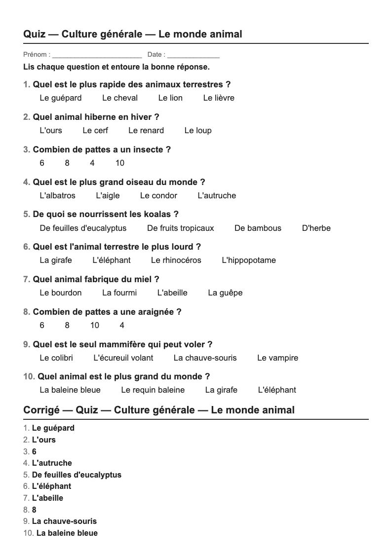 Quiz culture générale — CP → CM2 : fiches d'exercices à imprimer