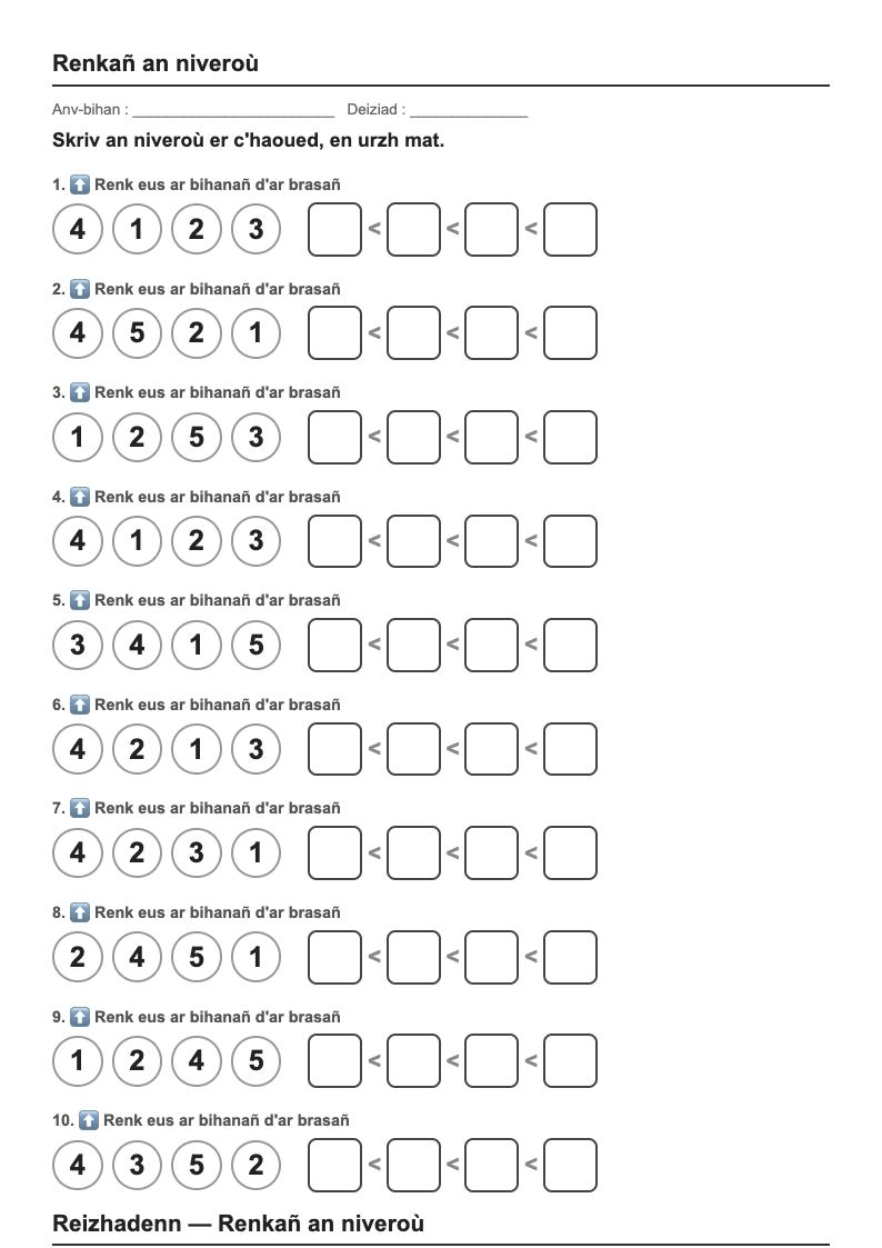 Ranger les nombres — MS : fiches d'exercices à imprimer (consignes en breton)