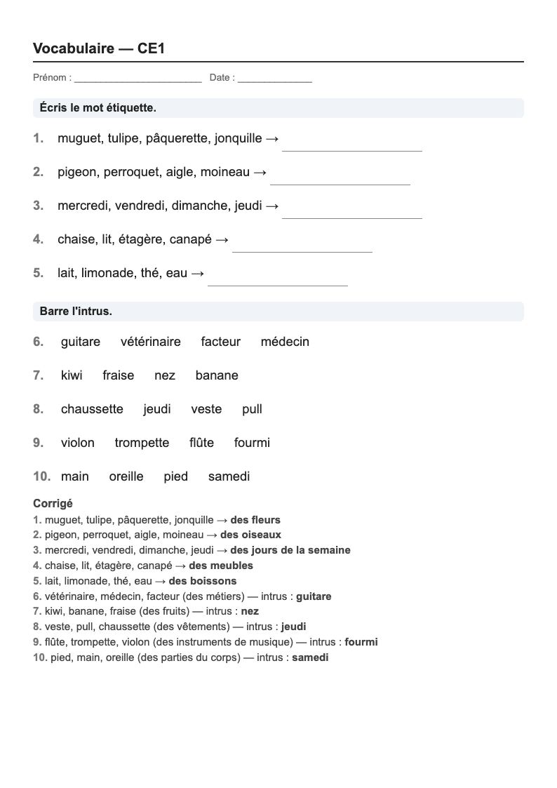 Vocabulaire — CE1 : les catégories de mots, fiches d'exercices à imprimer (consignes en breton)