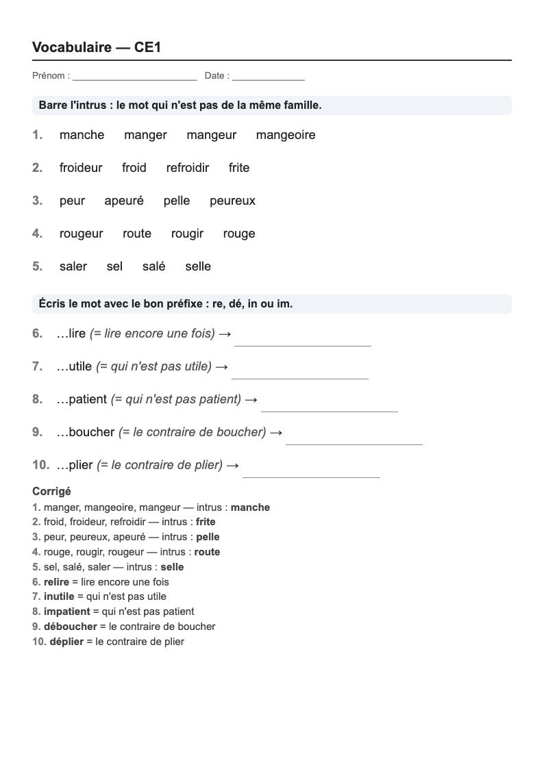Vocabulaire — CE1 : familles de mots, préfixes et suffixes, fiches d'exercices à imprimer (consignes en breton)