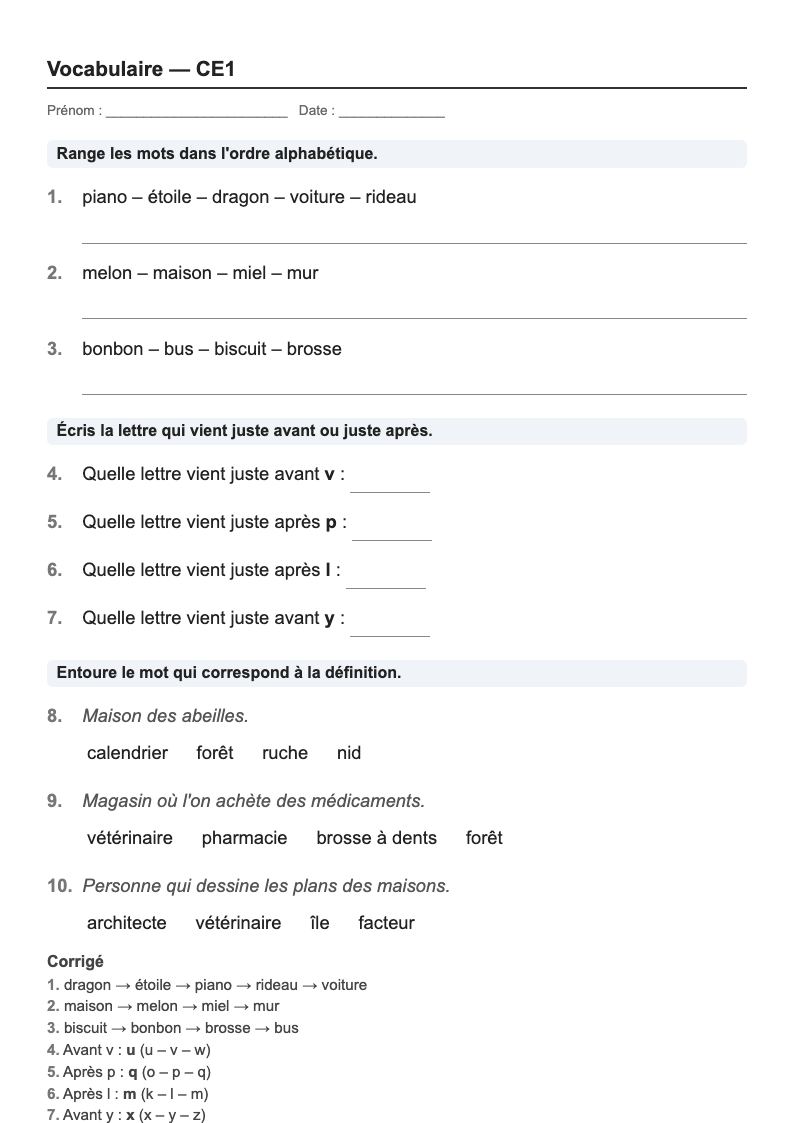 Vocabulaire — CE1 : l'ordre alphabétique et le dictionnaire, fiches d'exercices à imprimer (consignes en breton)