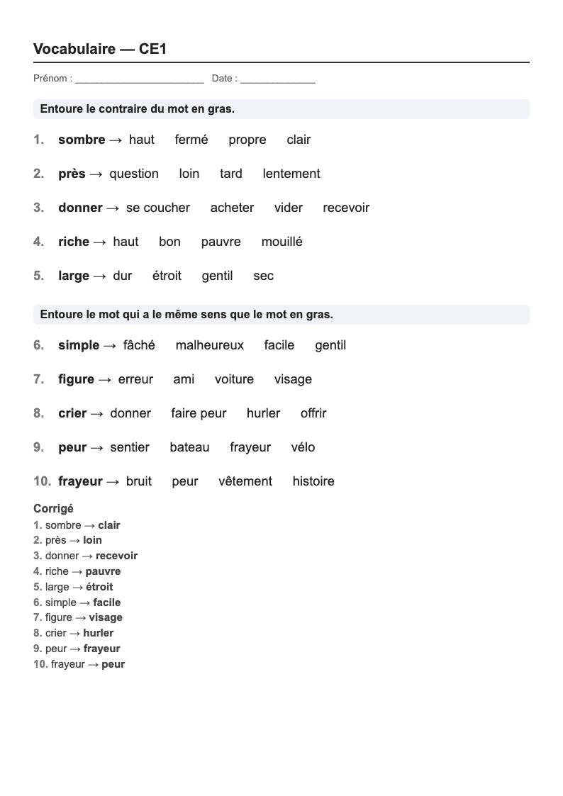 Vocabulaire — CE1 : le sens des mots, fiches d'exercices à imprimer (consignes en breton)