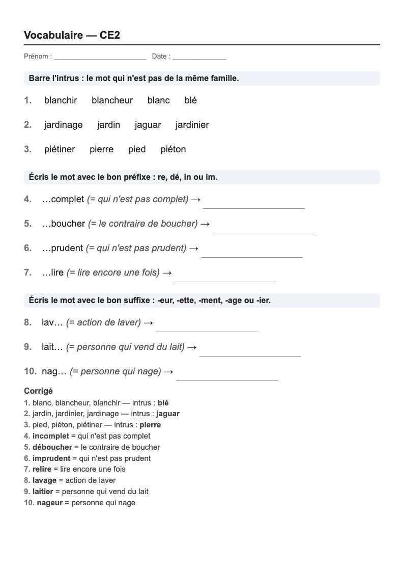 Vocabulaire — CE2 : familles de mots, préfixes et suffixes, fiches d'exercices à imprimer (consignes en breton)
