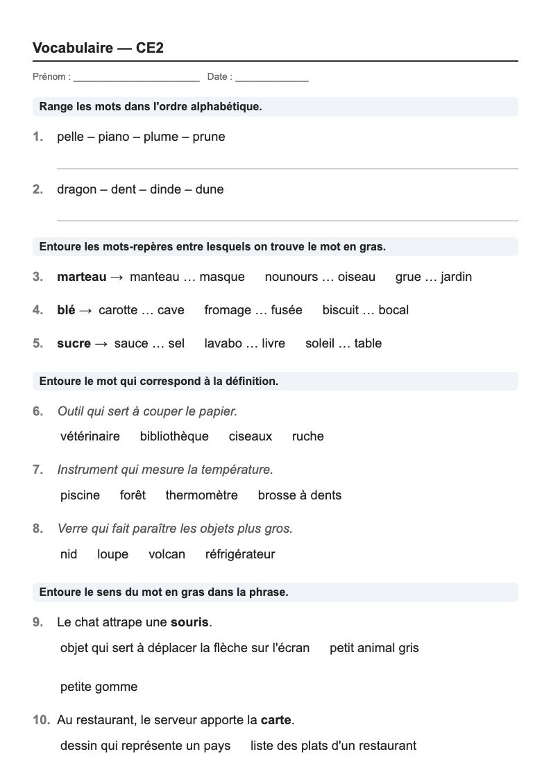 Vocabulaire — CE2 : l'ordre alphabétique et le dictionnaire, fiches d'exercices à imprimer (consignes en breton)