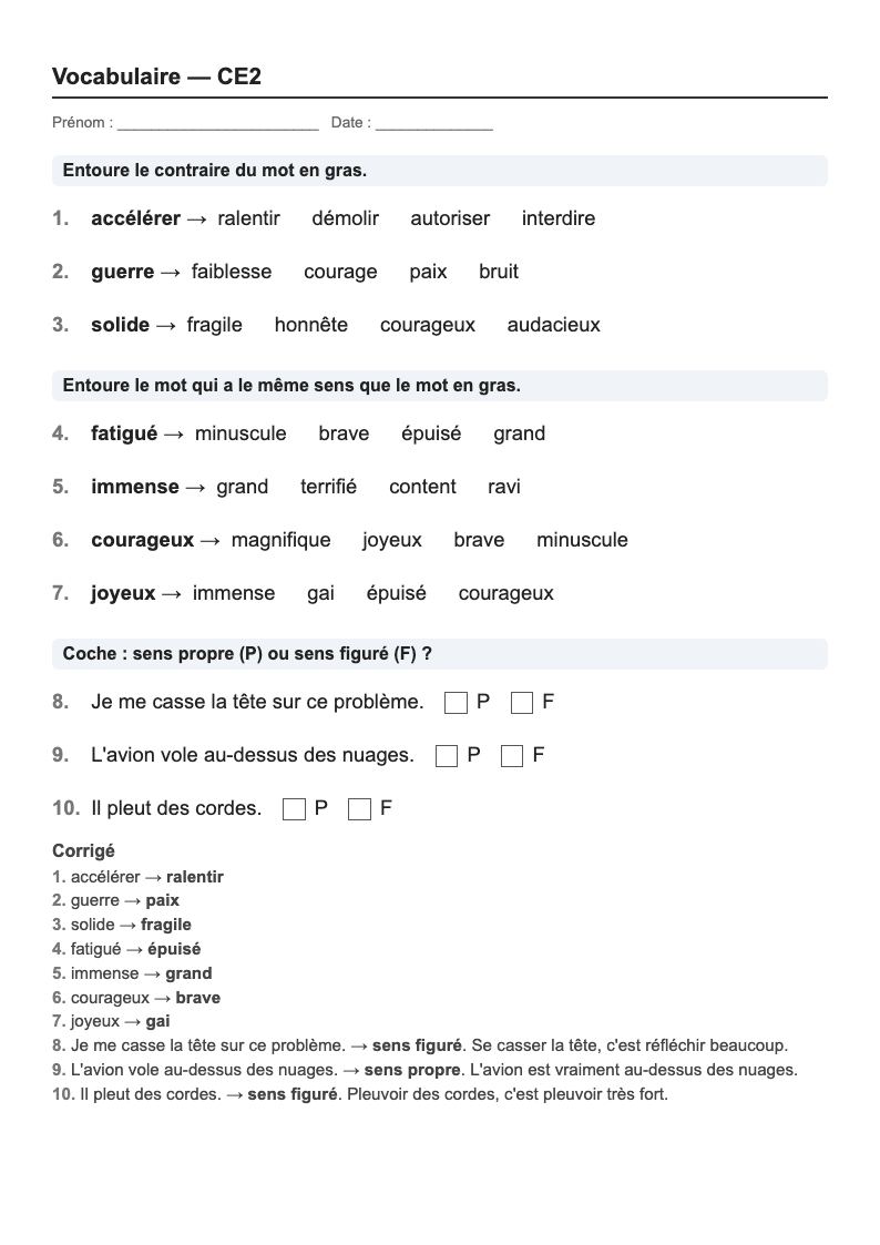 Vocabulaire — CE2 : le sens des mots, fiches d'exercices à imprimer (consignes en breton)
