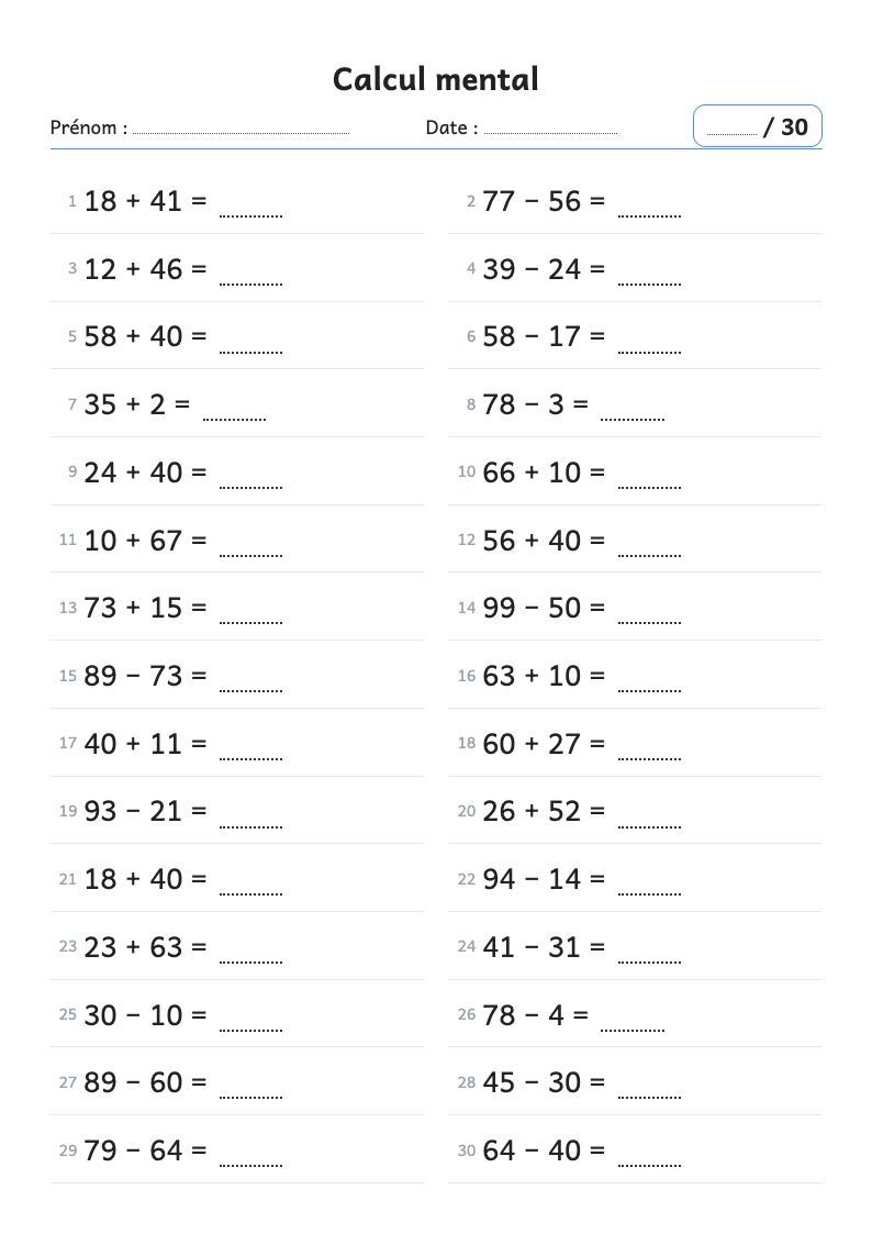 Aperçu : Fiche de calcul : additions et soustractions jusqu'à 100 (CE1)