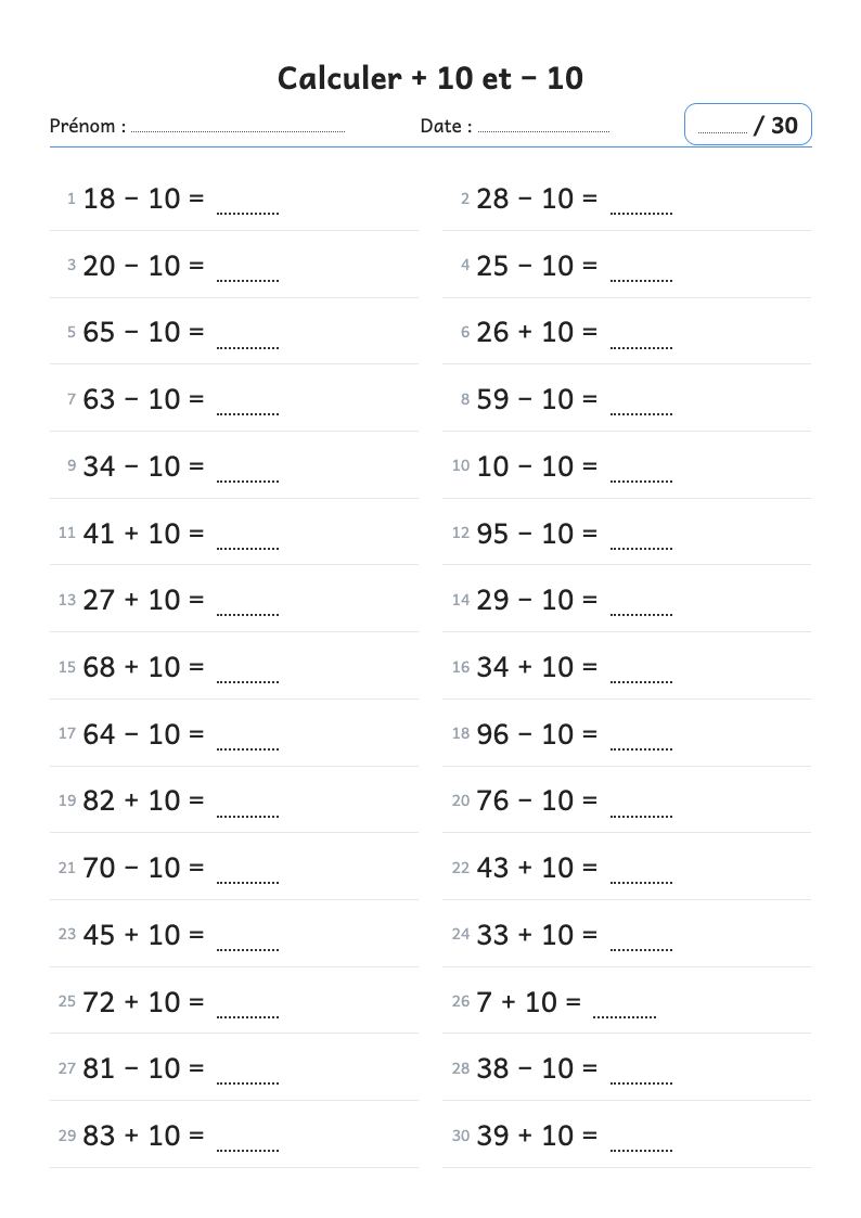 Aperçu : Fiche de calcul : ajouter 10 et retirer 10