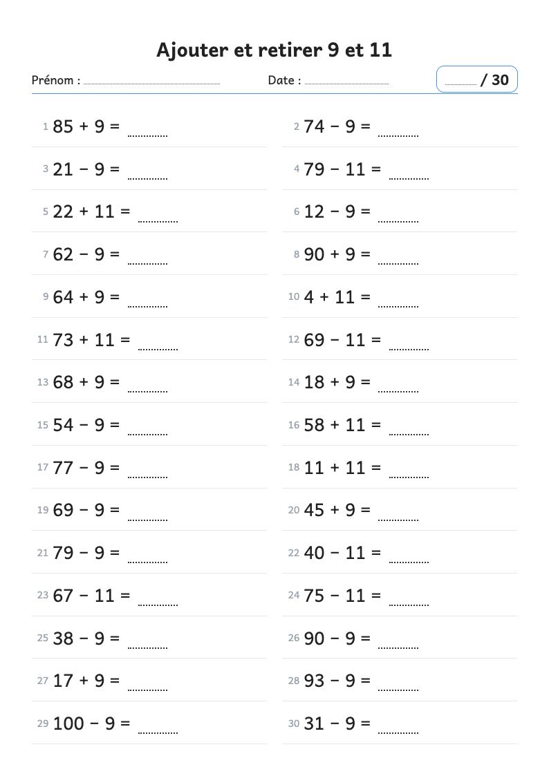 Fiche de calcul : ajouter et retirer 9 et 11