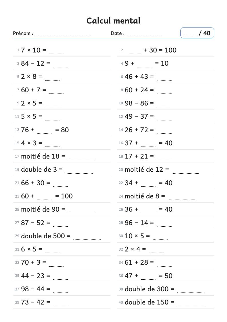 Fiche de calcul mental CE1 : révisions mélangées