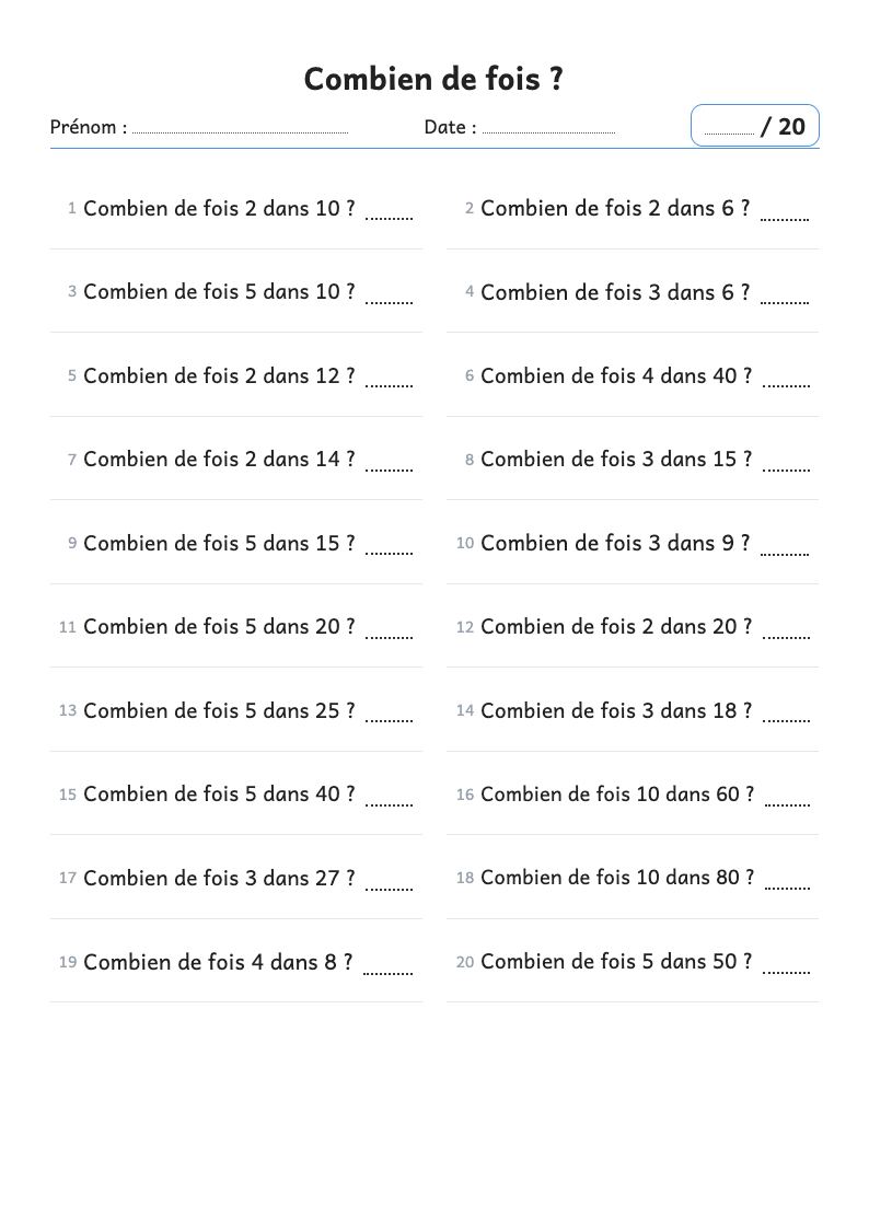 Aperçu : Fiche de calcul : combien de fois ? (divisions CE2)
