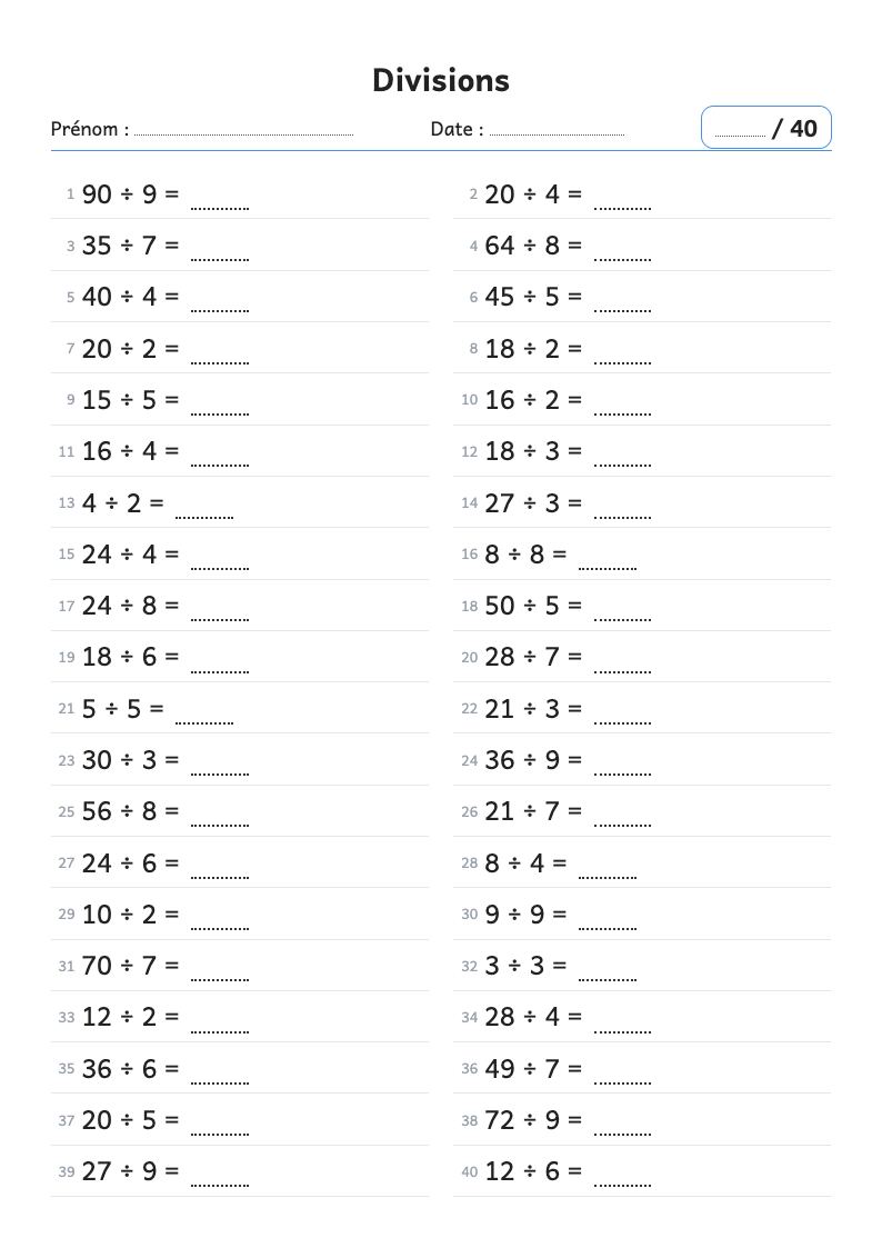 Aperçu : Fiche de calcul : divisions avec le signe ÷ (CM1)
