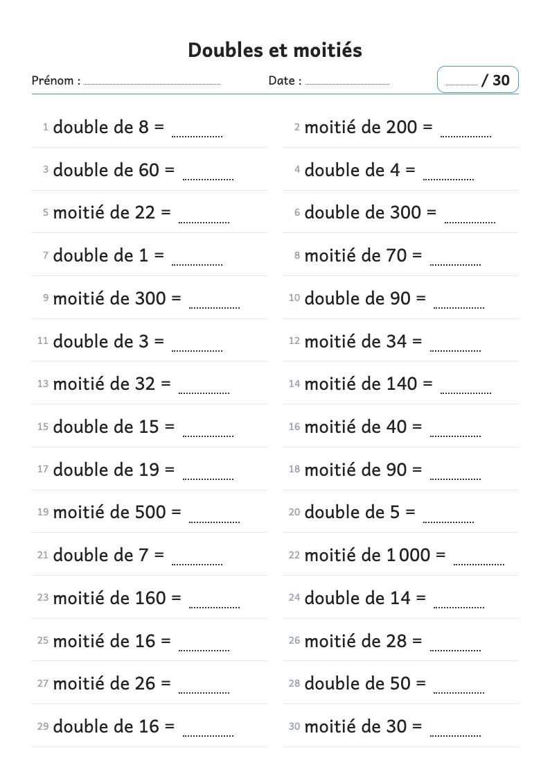 Aperçu : Fiche de calcul : doubles et moitiés (CE1)