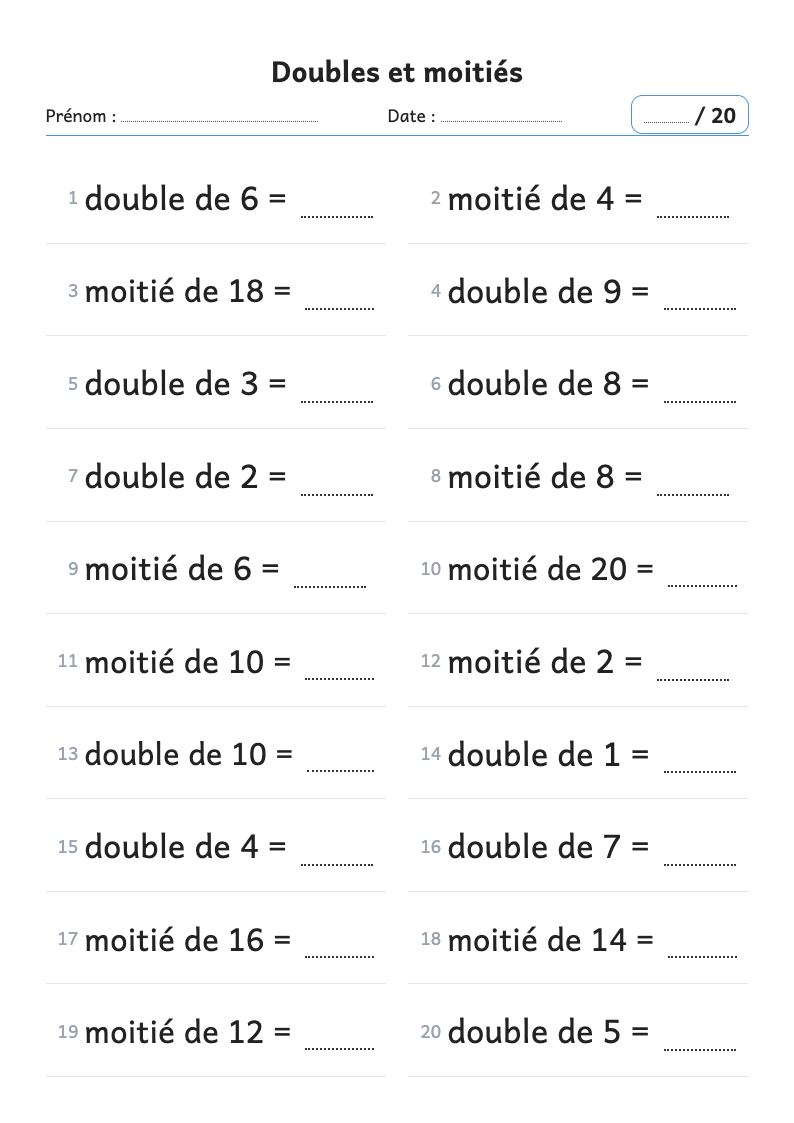 Aperçu : Fiche de calcul : doubles et moitiés (CP)