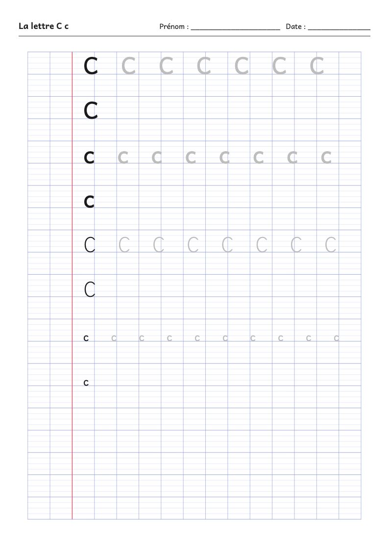 Fiche d'écriture : la lettre C (script et attaché)