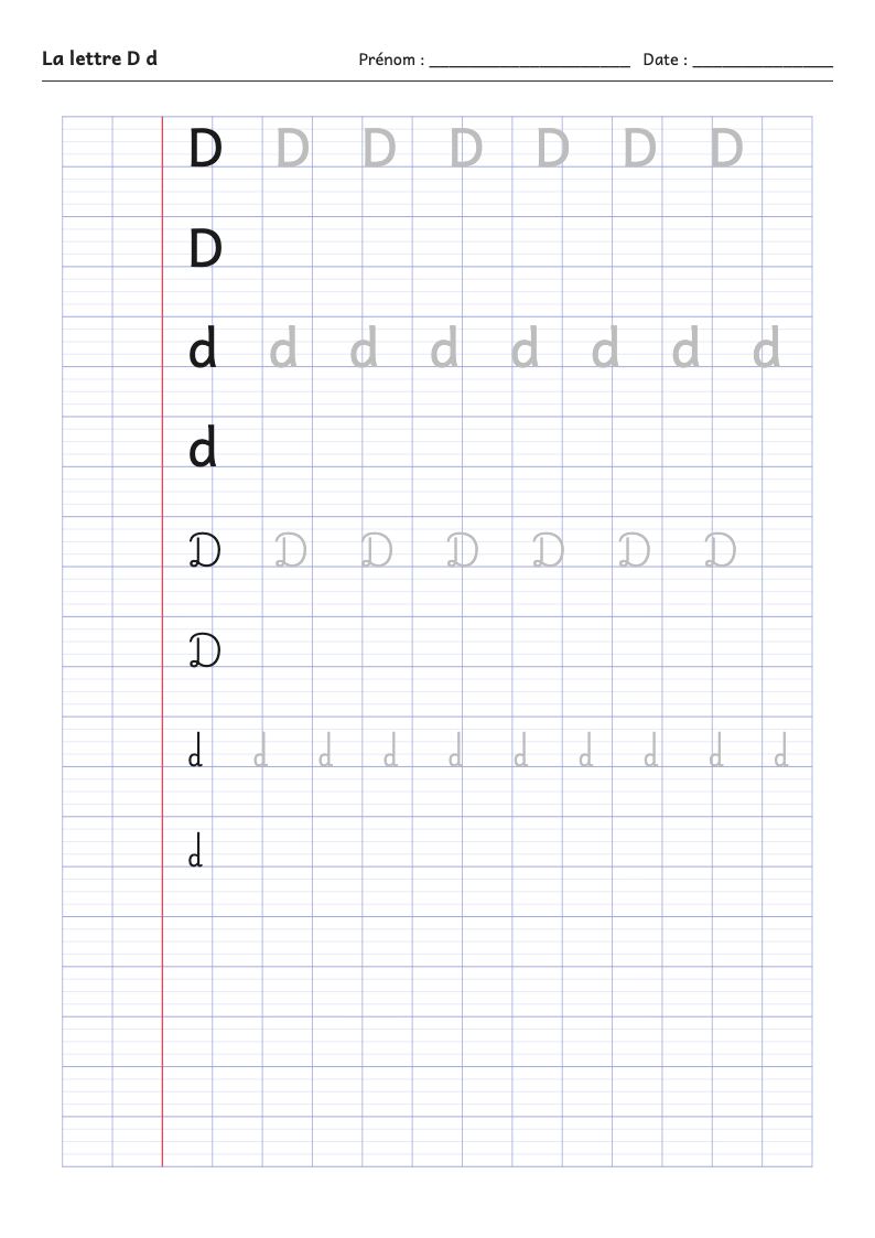 Fiche d'écriture : la lettre D (script et attaché)