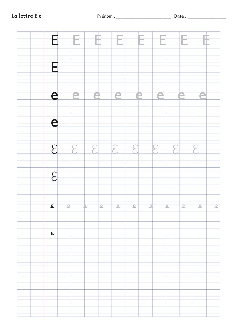 Fiche d'écriture : la lettre E (script et attaché)