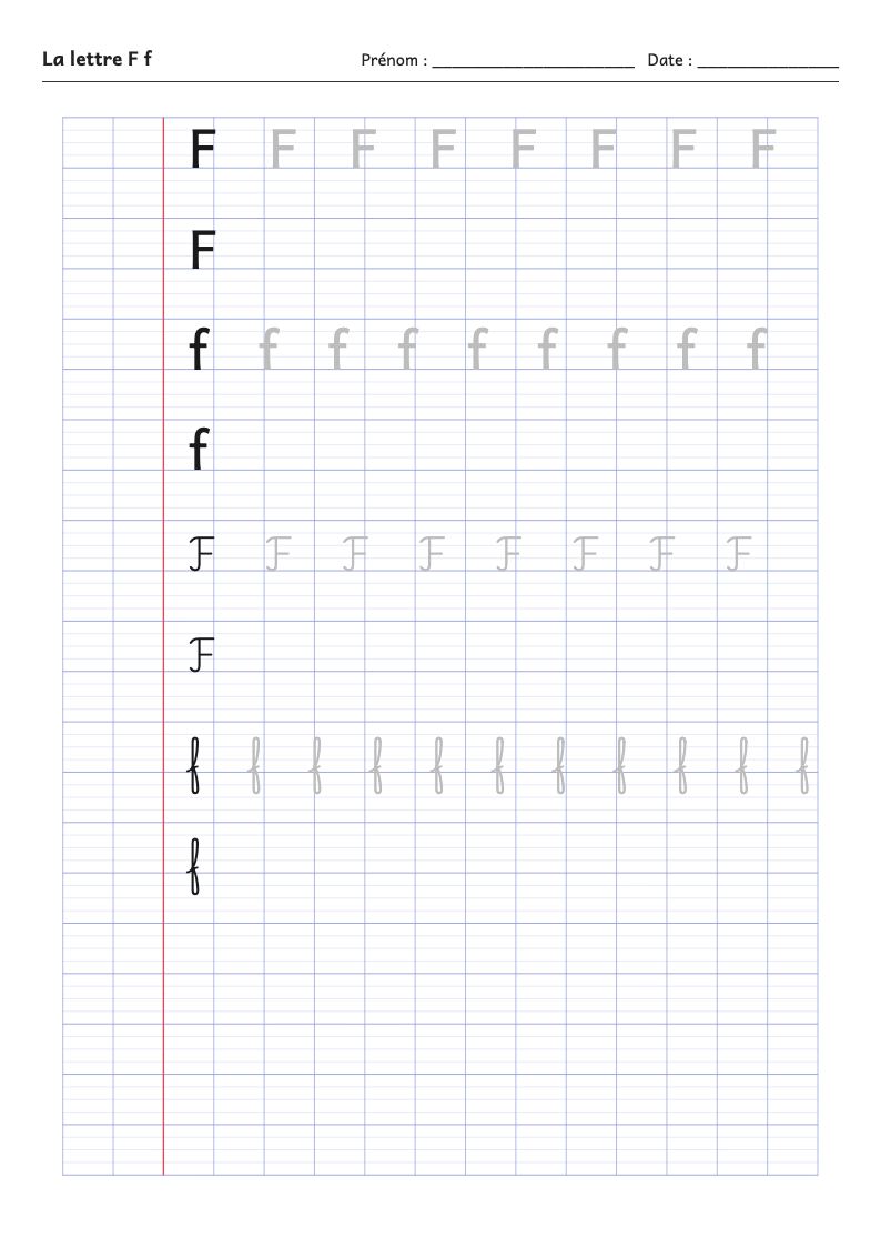 Fiche d'écriture : la lettre F (script et attaché)