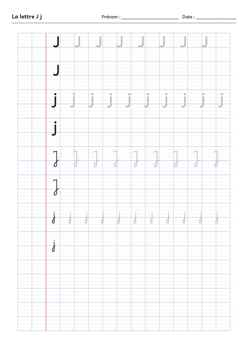 Fiche d'écriture : la lettre J (script et attaché)