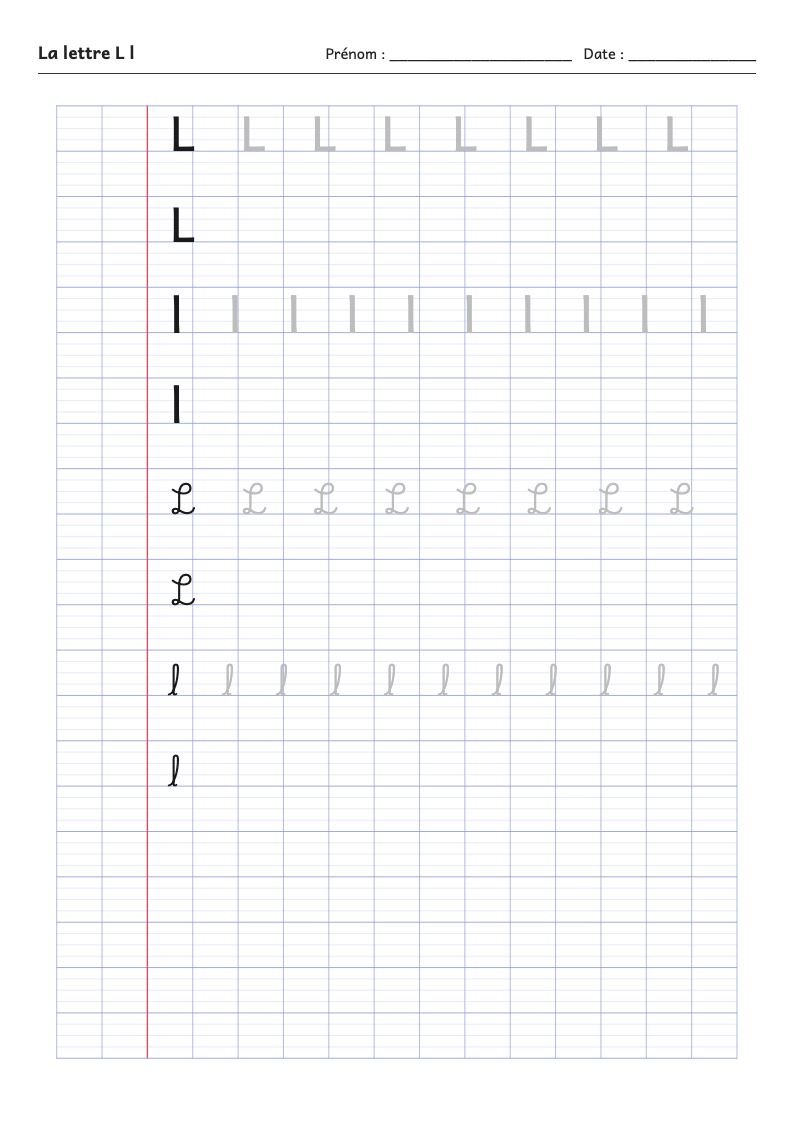 Aperçu : Fiche d'écriture : la lettre L (script et attaché)