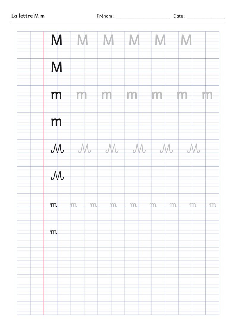 Aperçu : Fiche d'écriture : la lettre M (script et attaché)