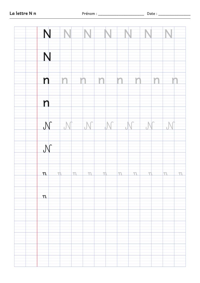 Aperçu : Fiche d'écriture : la lettre N (script et attaché)