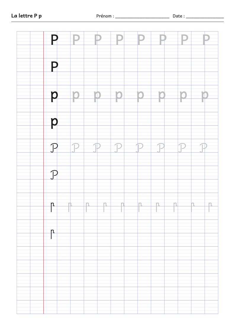 Fiche d'écriture : la lettre P (script et attaché)