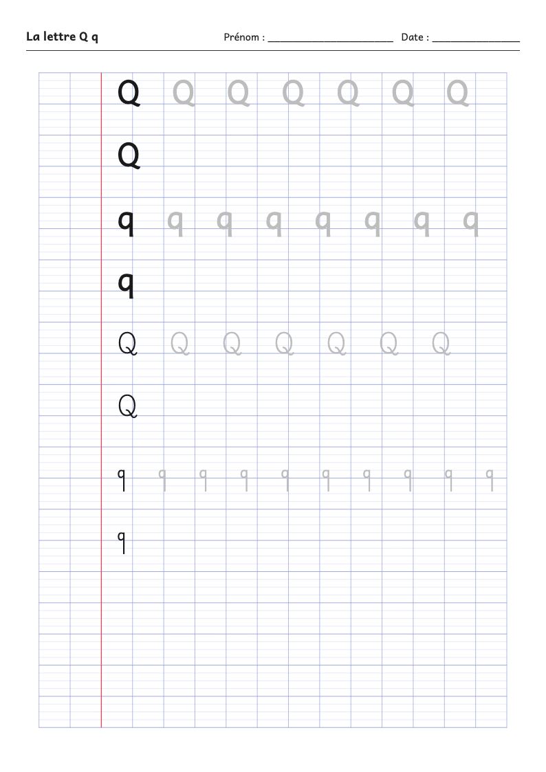 Aperçu : Fiche d'écriture : la lettre Q (script et attaché)