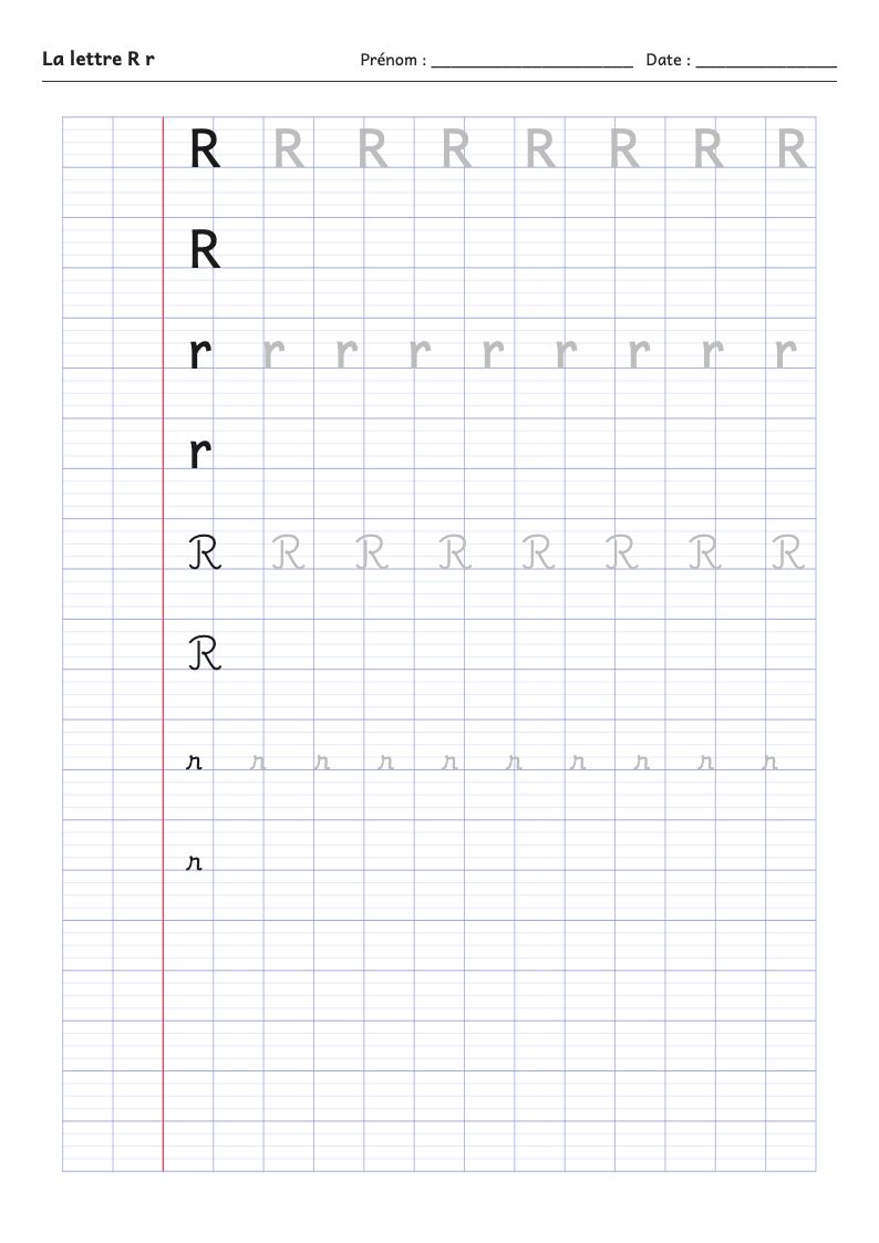 Aperçu : Fiche d'écriture : la lettre R (script et attaché)