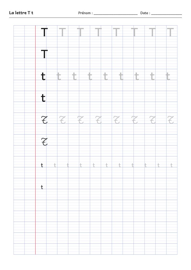 Aperçu : Fiche d'écriture : la lettre T (script et attaché)