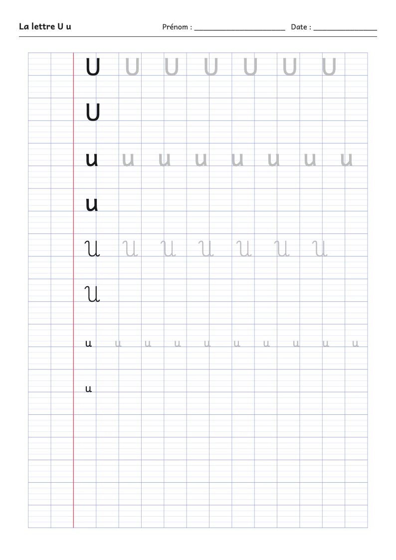 Aperçu : Fiche d'écriture : la lettre U (script et attaché)