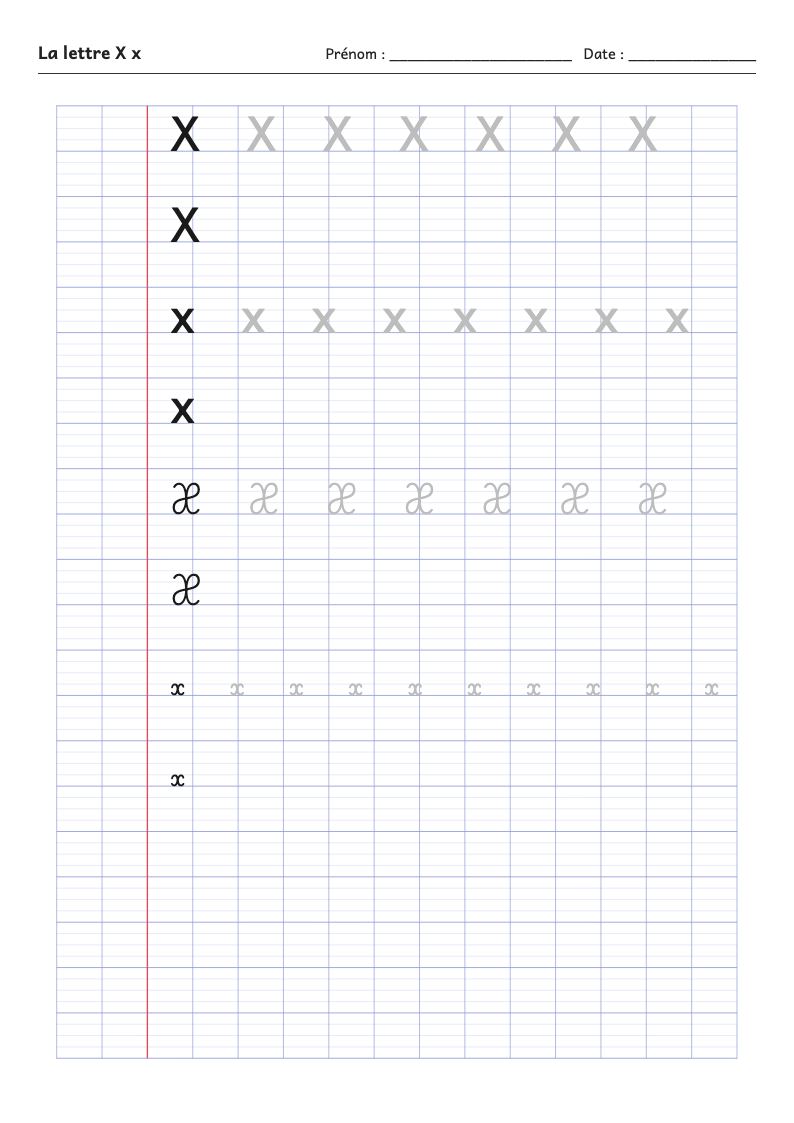 Aperçu : Fiche d'écriture : la lettre X (script et attaché)