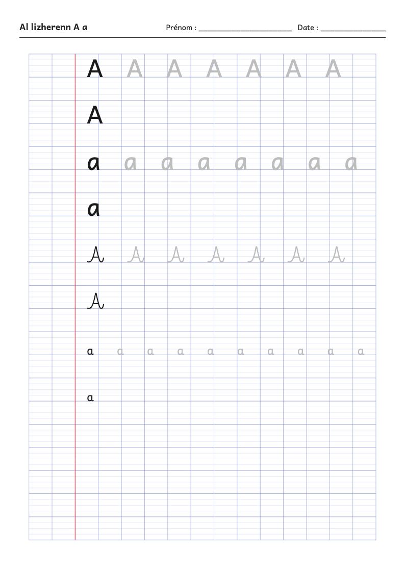 Fiche d'écriture : la lettre A de l'alphabet breton
