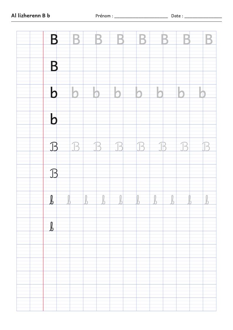 Fiche d'écriture : la lettre B de l'alphabet breton