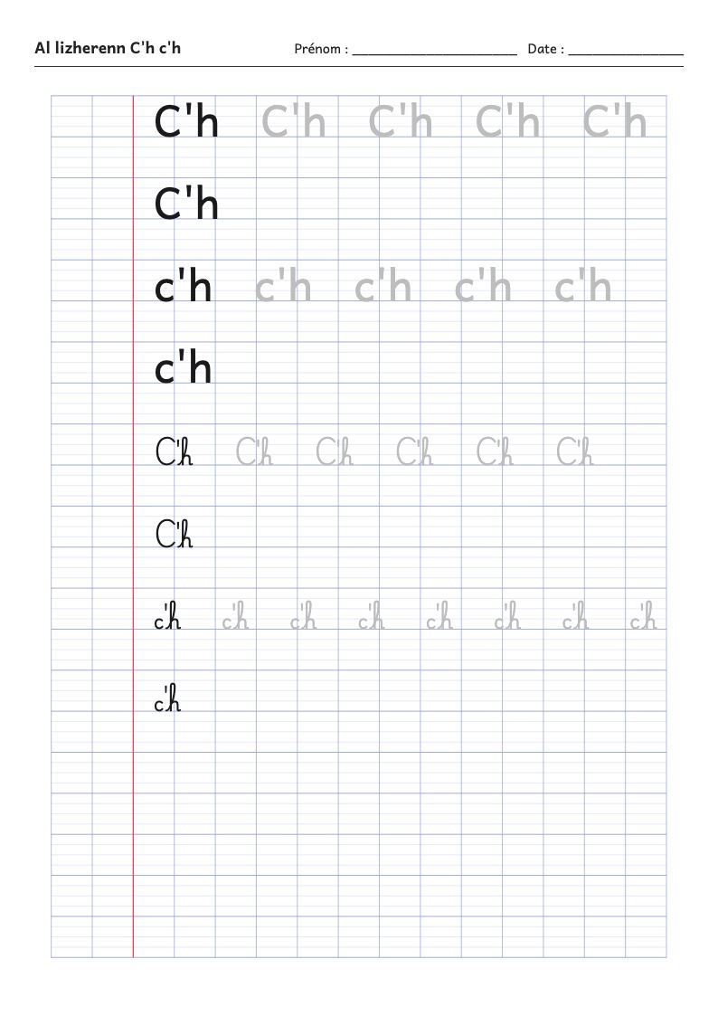 Fiche d'écriture : la lettre C'h de l'alphabet breton