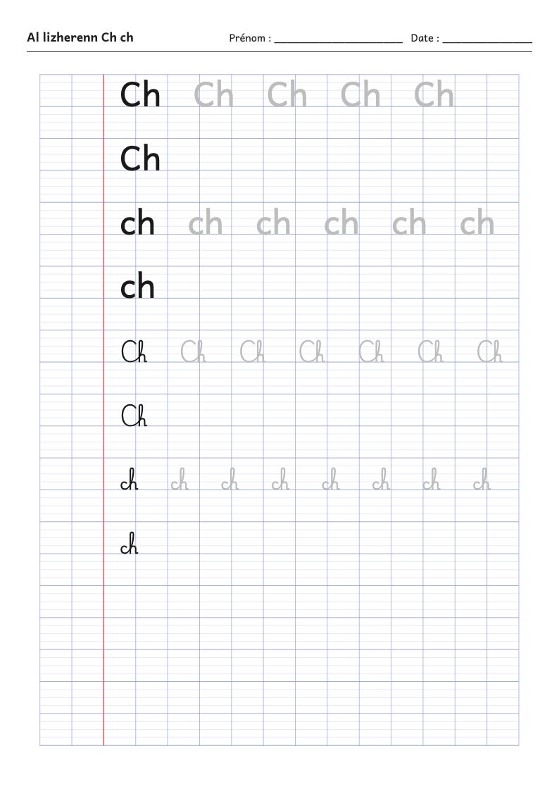 Fiche d'écriture : la lettre Ch de l'alphabet breton