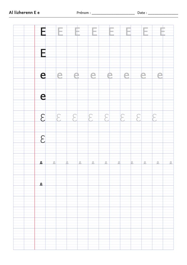 Fiche d'écriture : la lettre E de l'alphabet breton