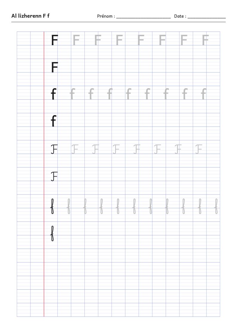 Fiche d'écriture : la lettre F de l'alphabet breton