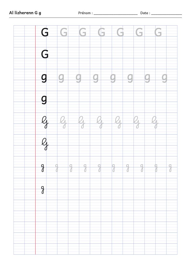 Fiche d'écriture : la lettre G de l'alphabet breton