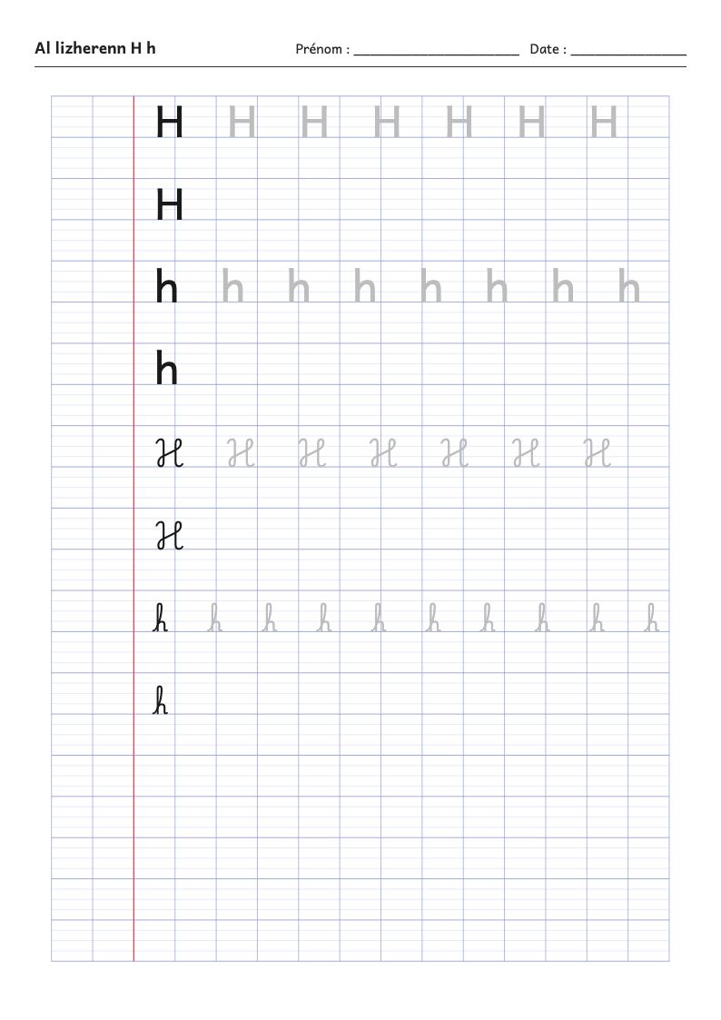 Fiche d'écriture : la lettre H de l'alphabet breton