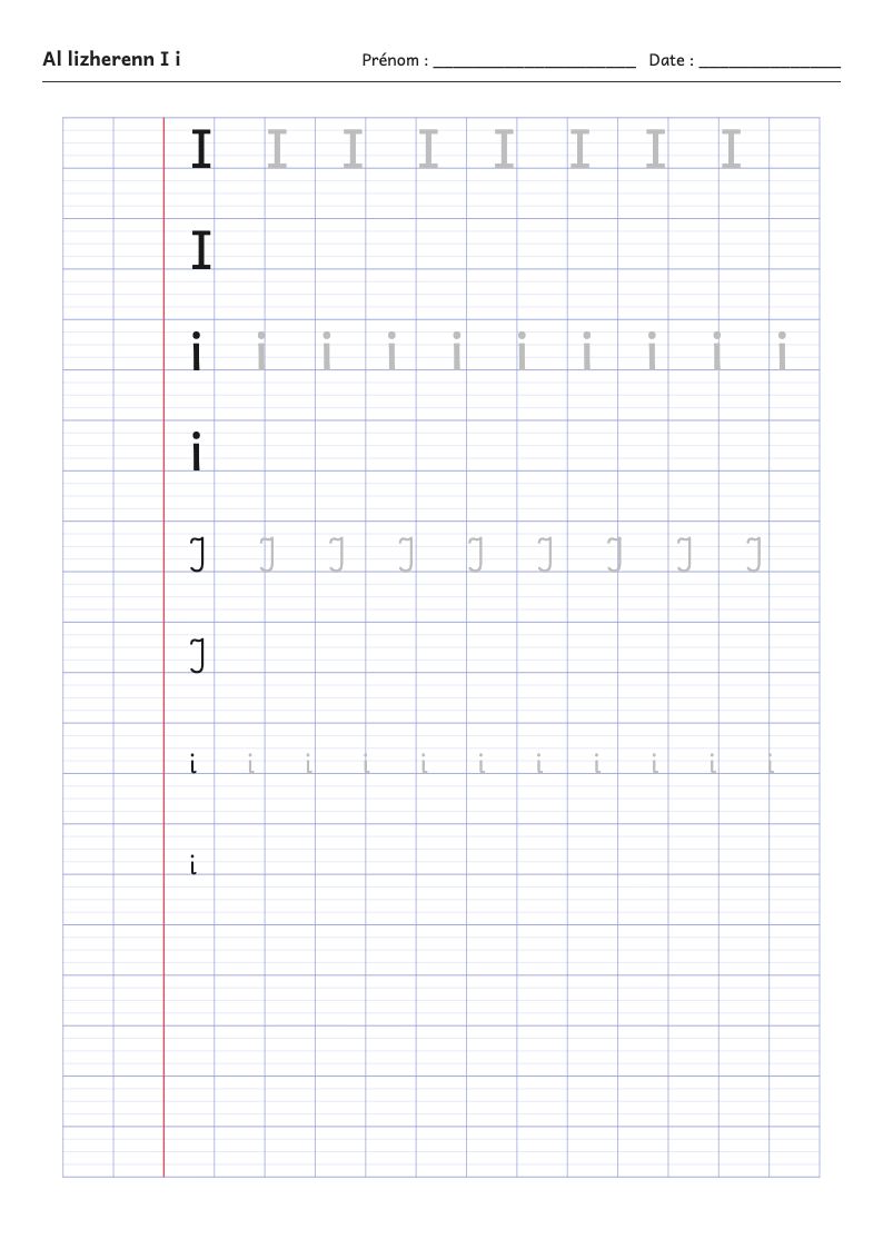 Fiche d'écriture : la lettre I de l'alphabet breton